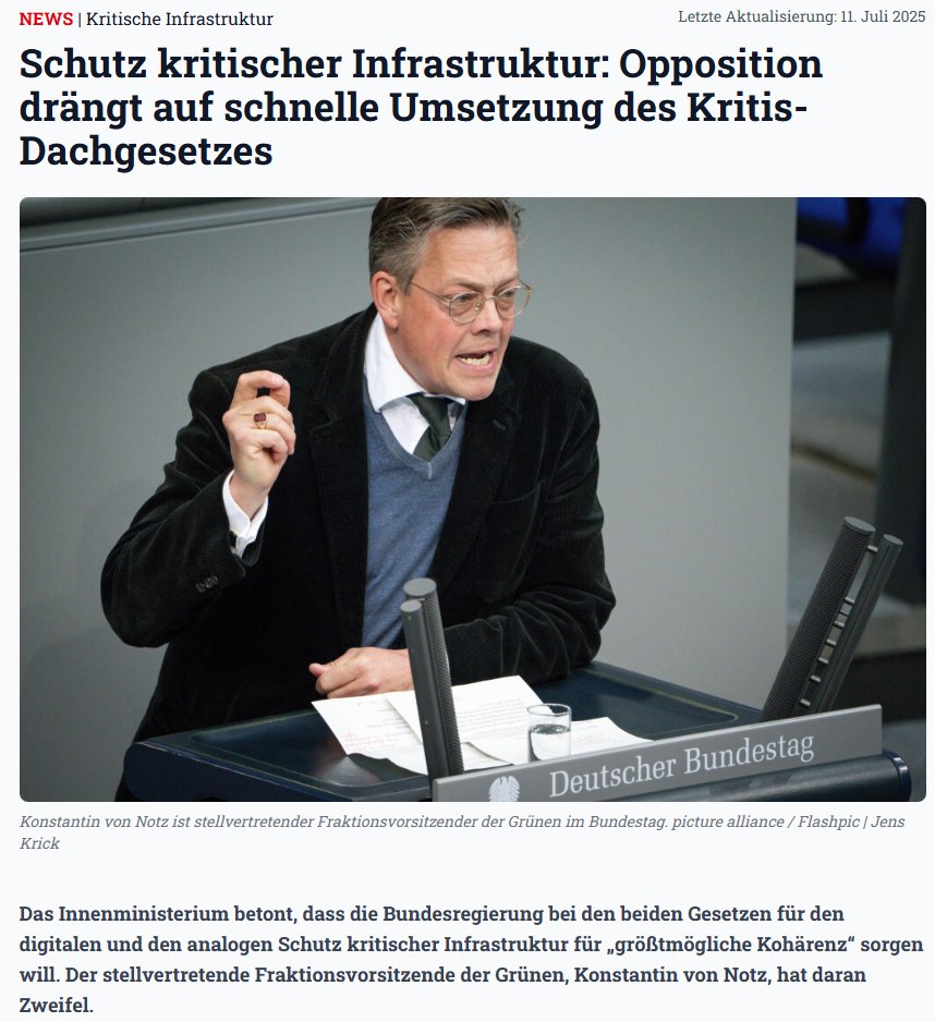 angesichts krasser Probleme versprach #Dobrindt  verbesserten #Kritis-Schutz "umgehend" anzugehen! Obwohl man im #Koavertrag grünes #KritisDachgesetz als Garant für einheitlichen Schutz übernahm, setzt #GroKo nur #NISII um, vergisst #CER? Deutliche Kritik von <a href="/KonstantinNotz/">Konstantin v. Notz</a> 👇