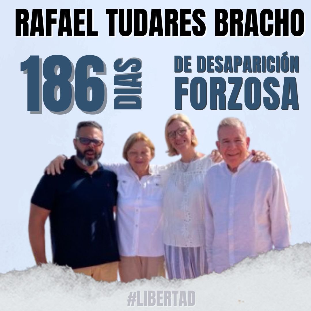MarianaGTudares's tweet image. 186 días de la Detención Arbitraria y Desaparición Forzada de mi esposo Rafael Tudares Bracho.
Rafael está privado de libertad y secuestrado por el Estado clandestinamente, sólo por ser el yerno de mi Padre. Así lo han reconocido las autoridades. Exijo justicia y su libertad.