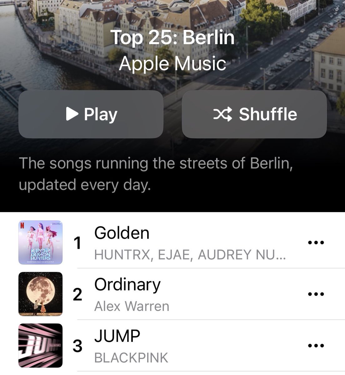 .<a href="/BLACKPINK/">BLACKPINKOFFICIAL</a>’s “#JUMP” is currently the 3rd most streamed song among Apple Music users in Berlin.
#BLACKPINK_JUMP