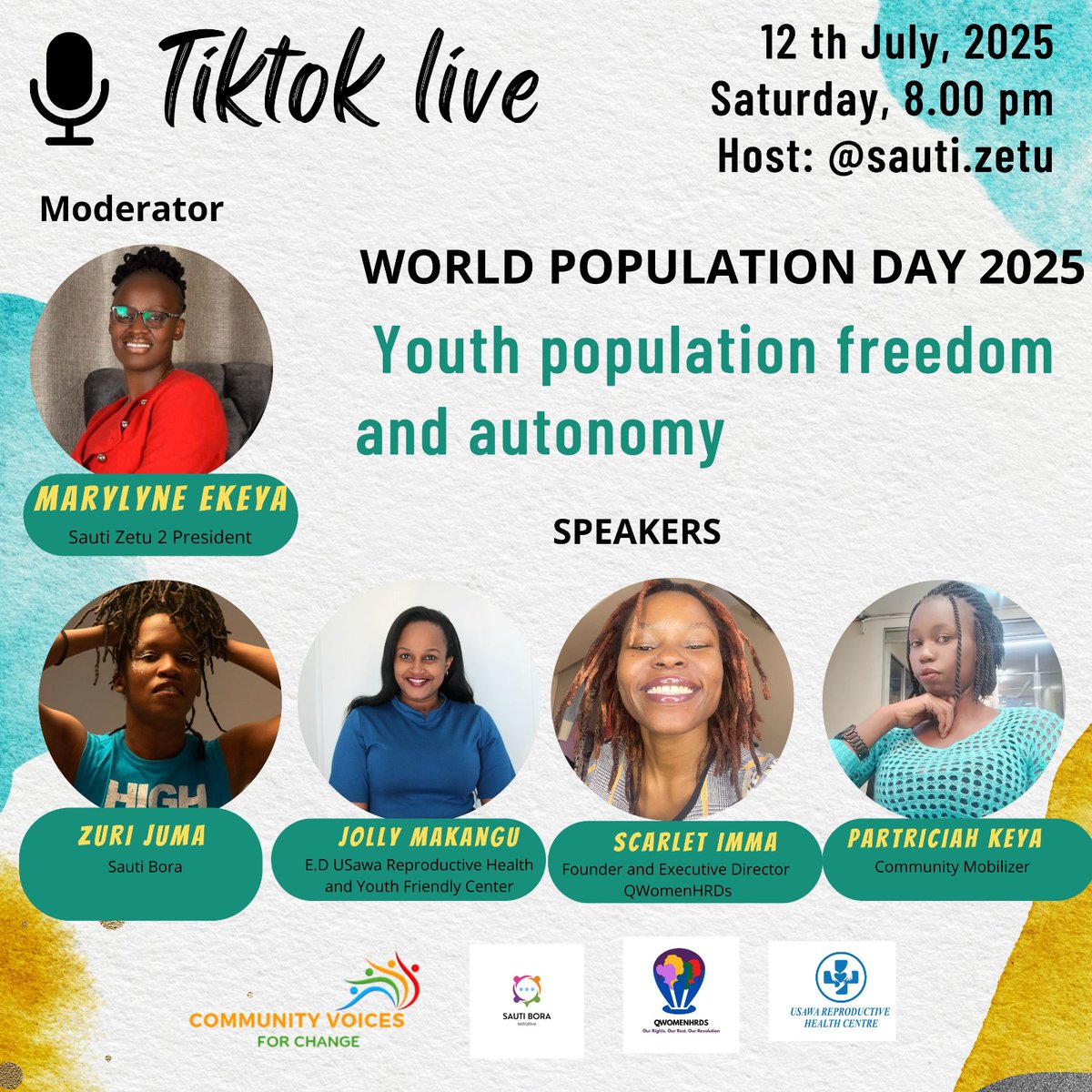 LucyNamu269708's tweet photo. Young people are are fearless and bold! 
They are initiators and believers of change!
Stay tuned and join  on TikTok live  discus matters; youth population freedom and autonomy.
#communityvoices
#freedomandautonomy
#worldpopulationday2025 https://t.co/uPlUqgn2DD