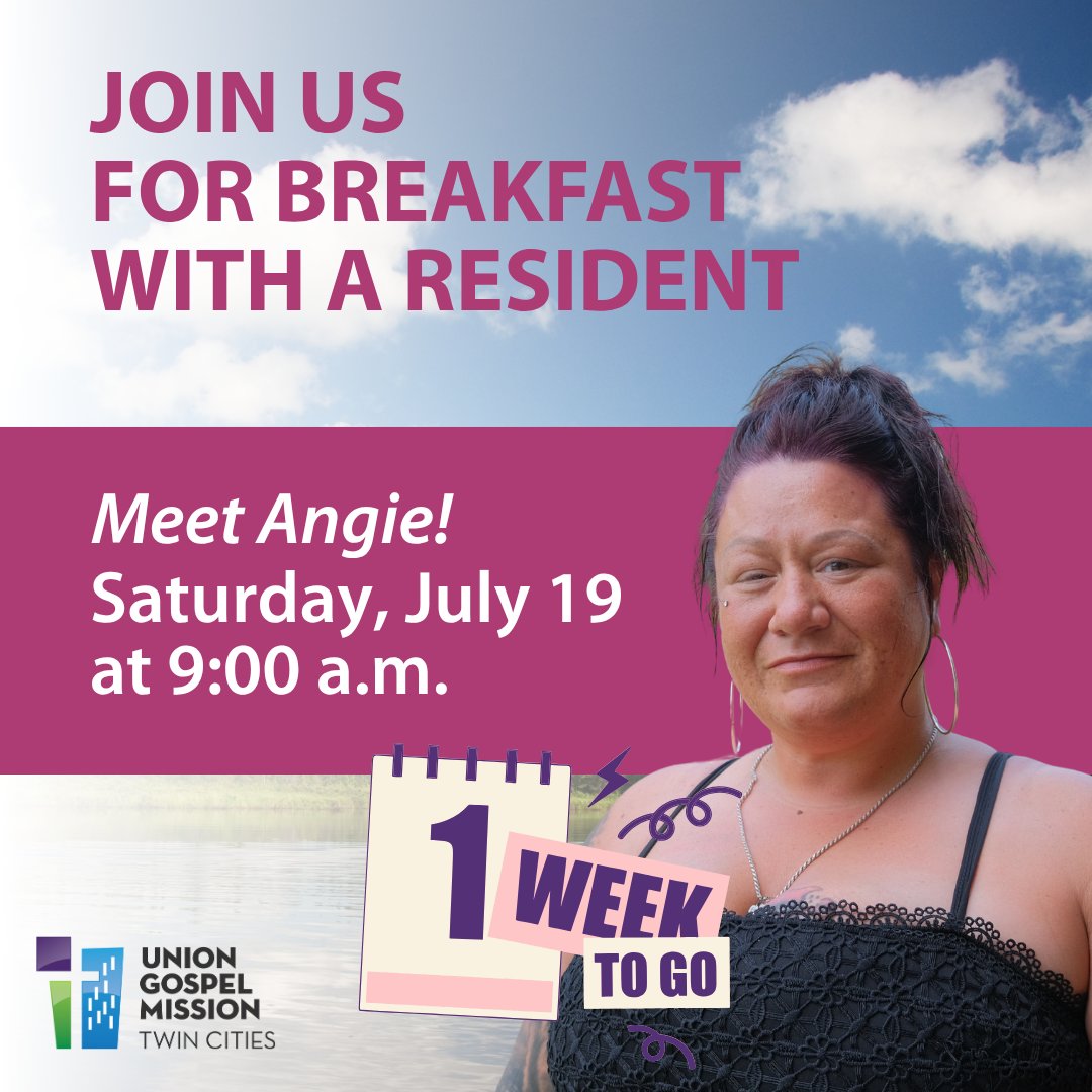 In ONE WEEK! 🤩 Don't miss your chance to experience hope in action at Breakfast with a Resident! Hear from Angie about her family's experience in the Naomi Family Program. 

Saturday, July 19 | 9–10:30 am | 435 University Ave E, Saint Paul

Register &gt;&gt; ugmtc.org/bwar