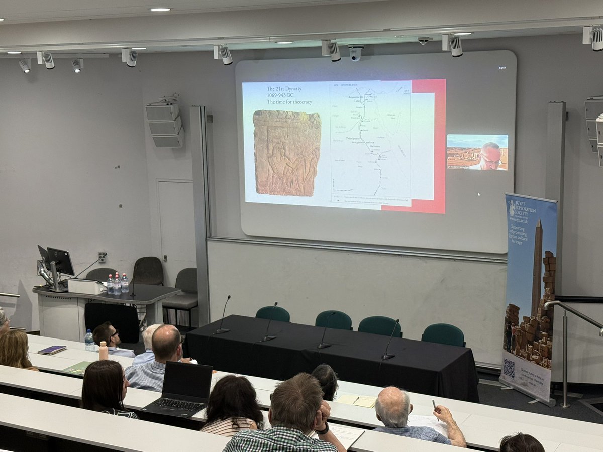TheEES's tweet photo. The second Delta Capital under discussion at the #EESstudyday is Tanis, presented by Dr Frédéric Payraudeau.
He starts with a consideration of previous excavations at the site and the religious similarities with the site of Karnak. https://t.co/b0E8NeCDoG