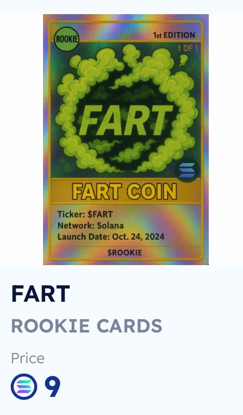 Slanted Judgment All IN #shitcoin (@slantedjudgment) on Twitter photo <a href="/VegetaCrypto1/">VΣGΣƬΛ</a> If you think #FARTCOIN will hit $10 , Then go grab the only NFT $ROOKIE card in existence. Could be worth lots in the future !
Ha4oiA7TJtoE1jPk8m6r5GPYm1ERmT9oK U5CZAGTpump
$ROOKIE CARDS FOR CRYPTO - 1ST OF ITS KIND.
<a href="/ROOKIECARDNFT/">ROOKIE NFT</a>
<a href="/DRZAONECTO/">DRZA</a> - doxx dev <a href="/VegetaCrypto1/">VΣGΣƬΛ</a> If you think #FARTCOIN will hit $10 , Then go grab the only NFT $ROOKIE card in existence. Could be worth lots in the future !
Ha4oiA7TJtoE1jPk8m6r5GPYm1ERmT9oK U5CZAGTpump
$ROOKIE CARDS FOR CRYPTO - 1ST OF ITS KIND.
<a href="/ROOKIECARDNFT/">ROOKIE NFT</a>
<a href="/DRZAONECTO/">DRZA</a> - doxx dev