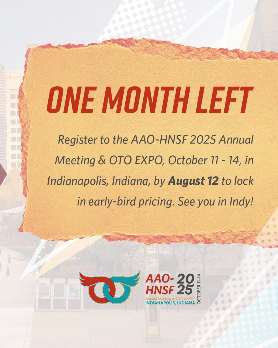 ONE MONTH LEFT! Don't miss early-bird pricing for #OTOMTG25 in Indianapolis! Register by Aug 12 to save on the premier ENT event of the year. Connect with leading professionals, discover innovations, and advance your practice. hubs.ly/Q03wWwrY0 #otolaryngology #ENT #AAOHNS