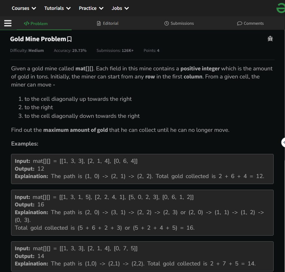 NAVEEN9044's tweet image. Geeksforgeeks potd( 12th july 2025) ✅️
Gold mine problem #dp #memoization
#SoftwareEngineering follow me ❤️💥
[#LeetCode, #motivation, #geeksforgeeks, #programming, #coding, #developer, #self-improvement,#potd]