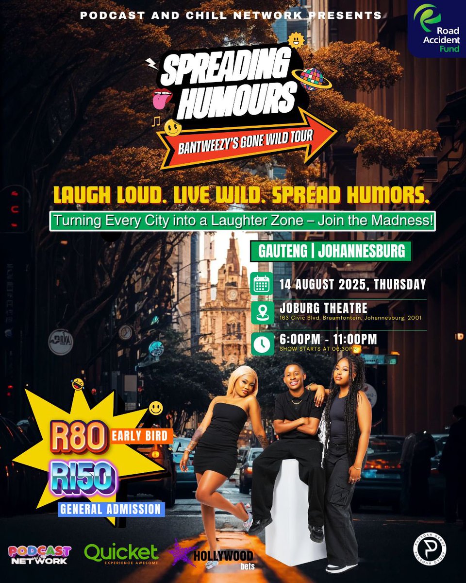 podcastwithmacg's tweet image. We are Wild’n Out This Winter in JOHANNESBURG 📍
Join the #BantweezyGoneWildTour on the 14th of August 2025 as your favourite podcast hits the city of gold ✈️
Tickets 🎫 are available on Quicket. Grab them NOW while they’re still available
Ishuu 🔥
