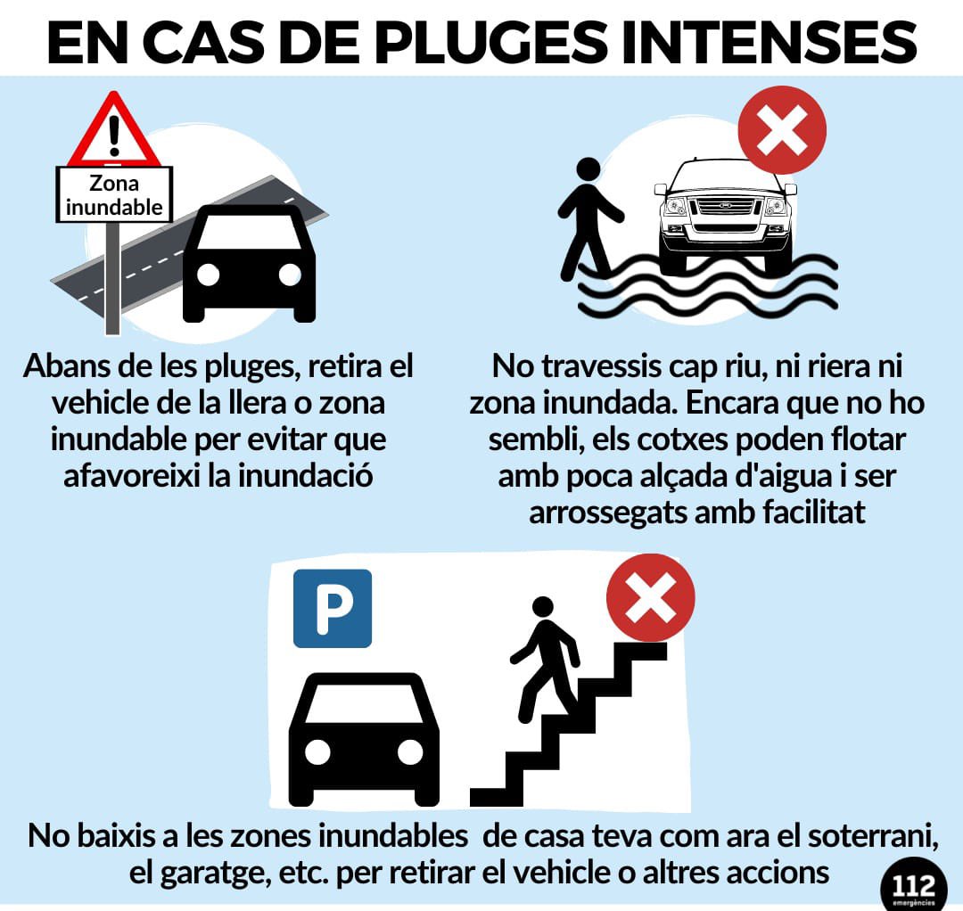 ‼️ ALERTA ‼️

✔️ Es suspenen les activitats a l’exterior. 
✔️ Es tanquen els equipaments municipals per evitar desplaçaments de treballadors i veïnat.
✔️ Es tanquen els parcs perimetrats i l'accés al riu.
✔️ S'activen els voluntaris de Protecció Civil i la Guàrdia Urbana.
