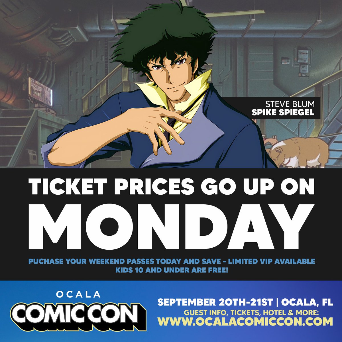 OcalaComicCon's tweet image. Do we have any #CowboyBebop fans? Meet the voice of Spike Spiegel at Ocala Comic Con! Steve Blum will be attending both days of the convention.
To view the current guest list and pre-order tickets for the September 20-21, Ocala Comic Con, please visit: ocalacomiccon.com