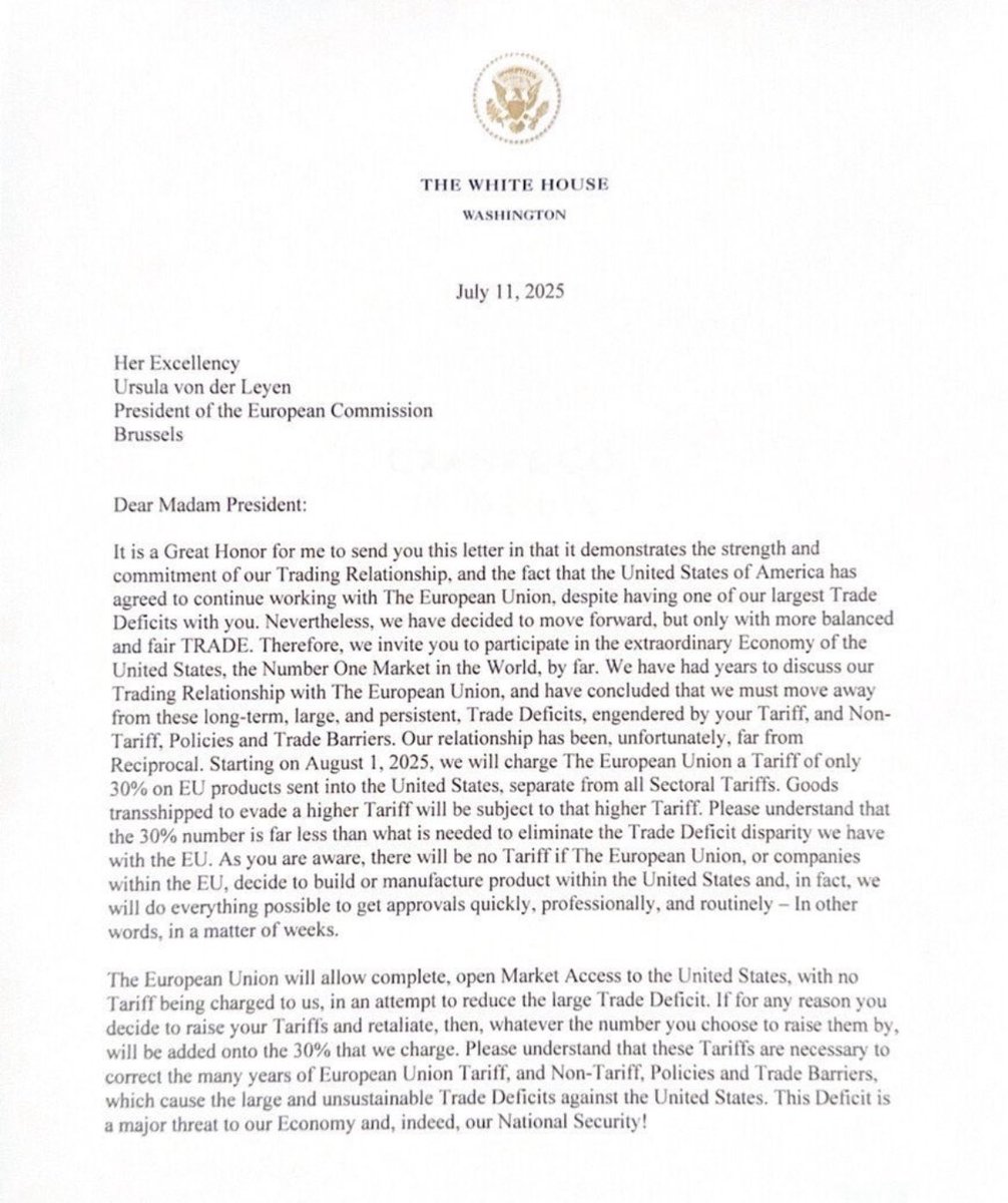 mariatad's tweet image. In letter, Trump announces 30% base tariff on the European Union. That compares to initial tariff rate of 20% on Liberation Day. After weeks of talks, the rate would go up and doesn’t mention any sectoral relief. If this applies August 1st, the EU would be worse off vs April. So…