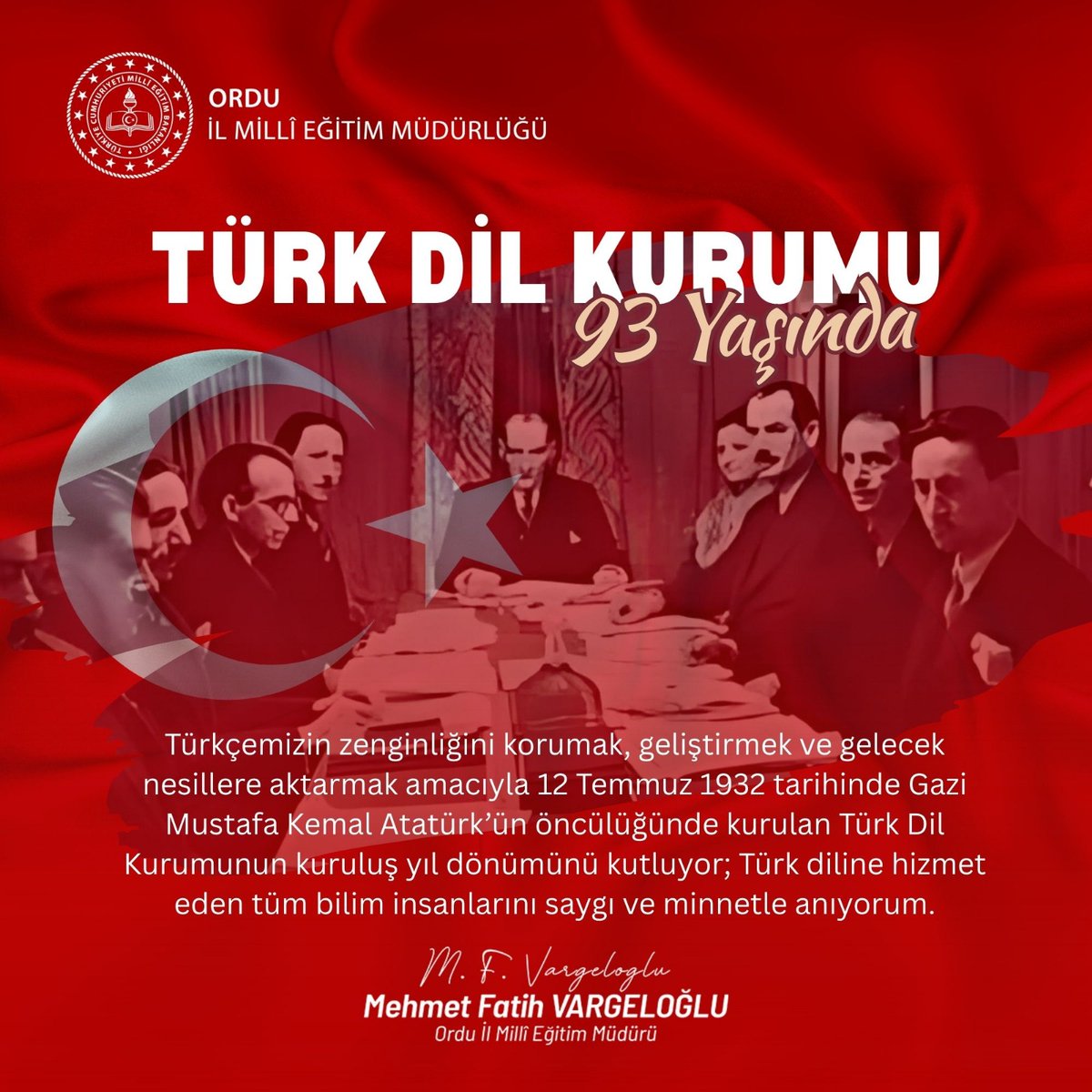 🇹🇷Türkçemizin korunarak gelecek nesillere aktarılmasını ve millet bilincini sağlayan Türk Dil Kurumunun 9️⃣3️⃣. kuruluş yıl dönümü kutlu olsun.

#eğitimkentiORDU
#Ordu
#TürkDilKurumu

<a href="/tcmeb/">Millî Eğitim Bakanlığı</a> <a href="/Yusuf__Tekin/">Yusuf Tekin</a> <a href="/TCOrduValiligi/">Ordu Valiliği</a> <a href="/mhilmiguler/">Dr. Mehmet Hilmi Güler</a> <a href="/mfvargeloglu/">MEHMET FATİH VARGELOĞLU</a>
