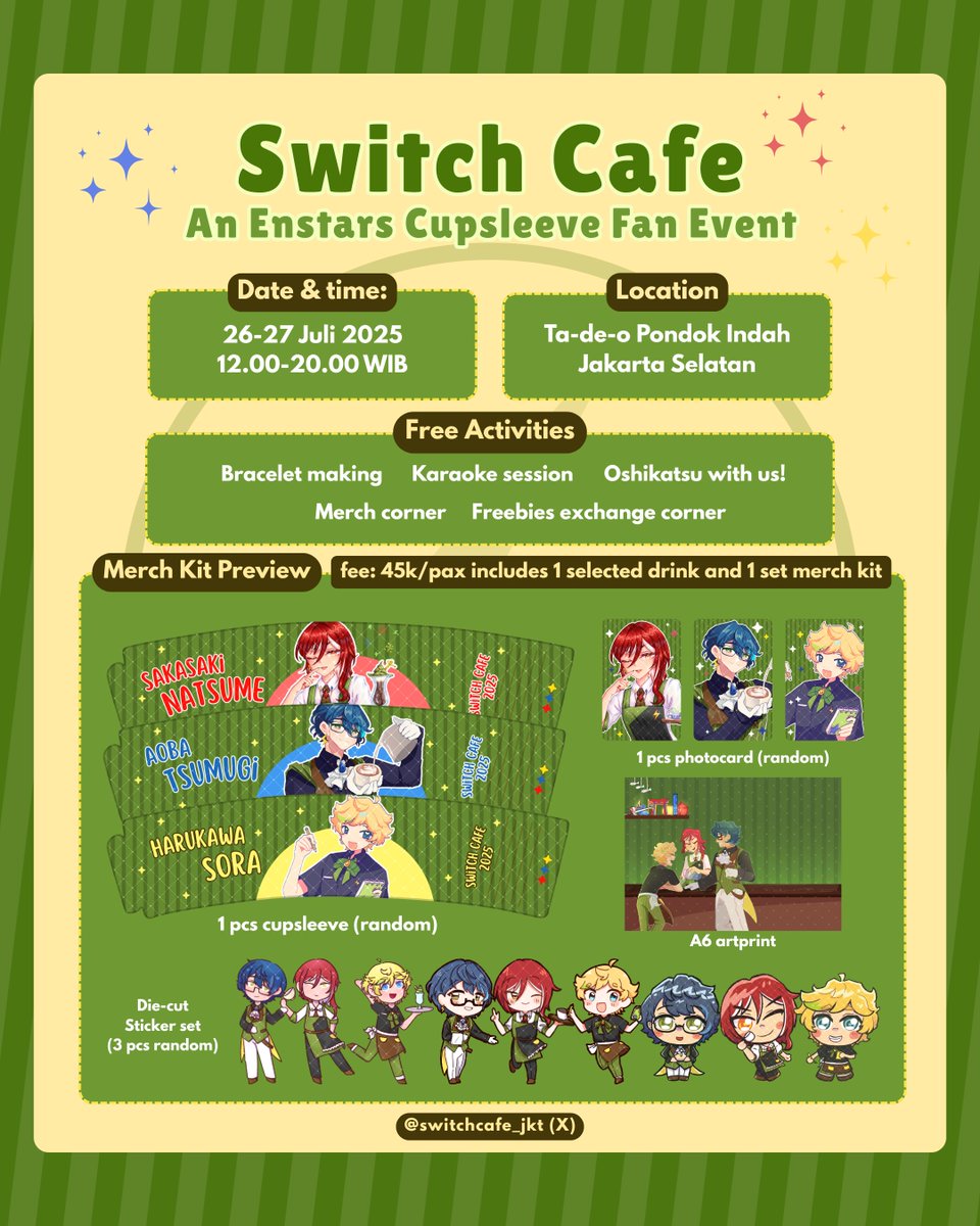 switchcafe_jkt's tweet image. ‧₊ ˚ ⊹ ࣭ Switch Cafe Cupsleeve Event ࣭ ⭑ . ₊ ⊹
You are invited to our magical party of happiness ⚡️
🗓️ 26-27 Juli 2025
🕑 12.00-20.00 WIB* (Walk-in cafe)
📍 Ta-de-o Pondok Indah, Jakarta Selatan
⭑ . ₊ ⊹⭑ . ₊ ⊹
#switchcafe25