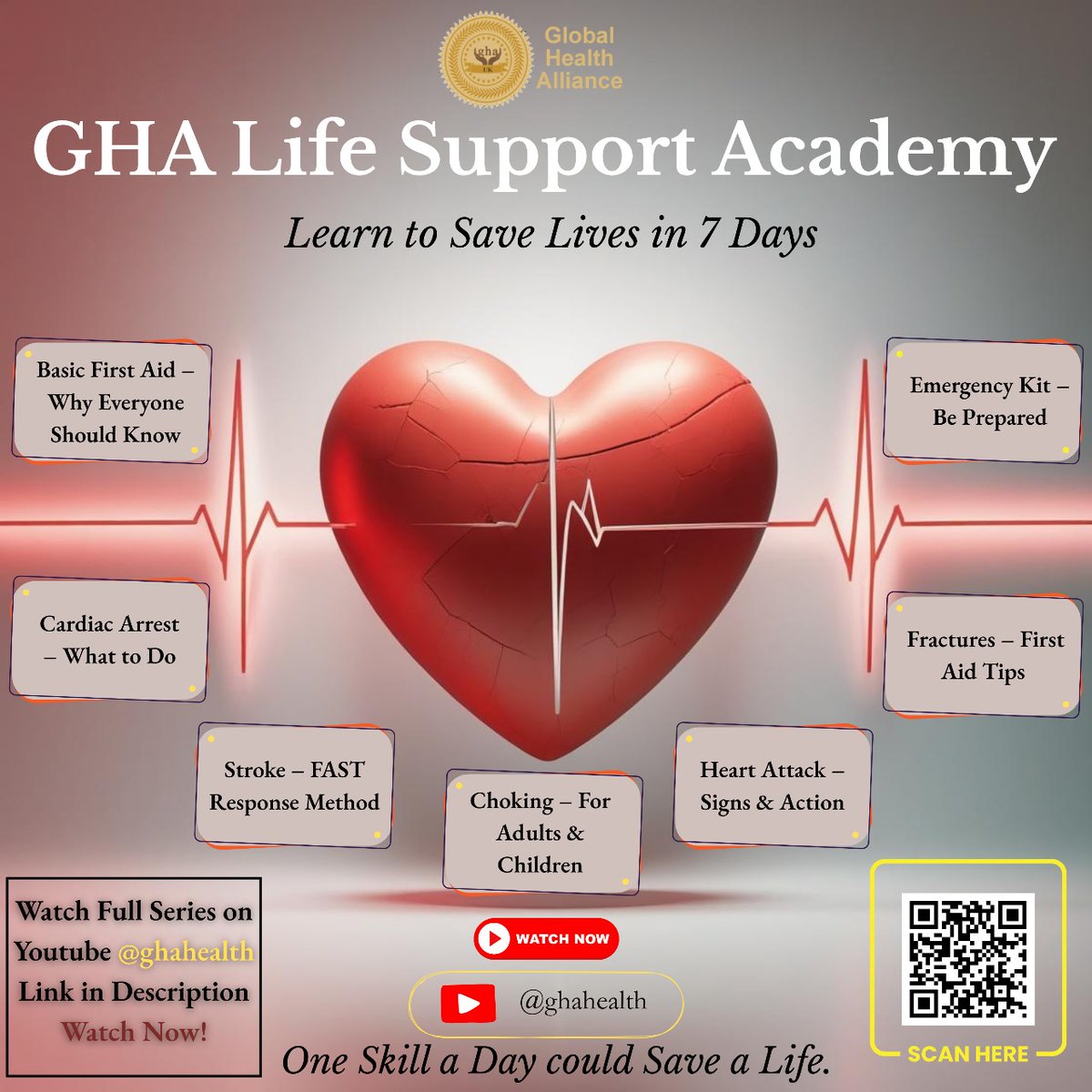 GhaHealth's tweet image. ๐ฉบ Learn to Save Lives in 7 Days!
From cardiac arrest to choking & stroke โ master one lifesaving skill a day with GHA Life Support Academy โค๏ธ
๐ฅ Watch now on YouTube: @ghahealth
๐ฒ Scan to start!
#FirstAid #LifeSupport #EmergencyCare #SaveLives #HealthEducation #GHAHealth #BLS