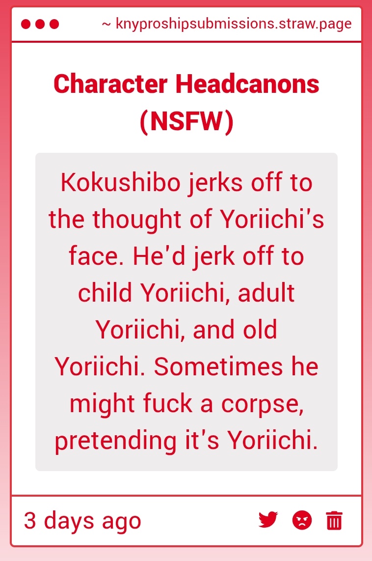 knyproshiphcs2's tweet image. Character headcanons (NSFW): Kokushibo (ft: Kokushibo x Yoriichi #yoriimichi)
CW: Necrophilia
knyproshipsubmissions.straw.page