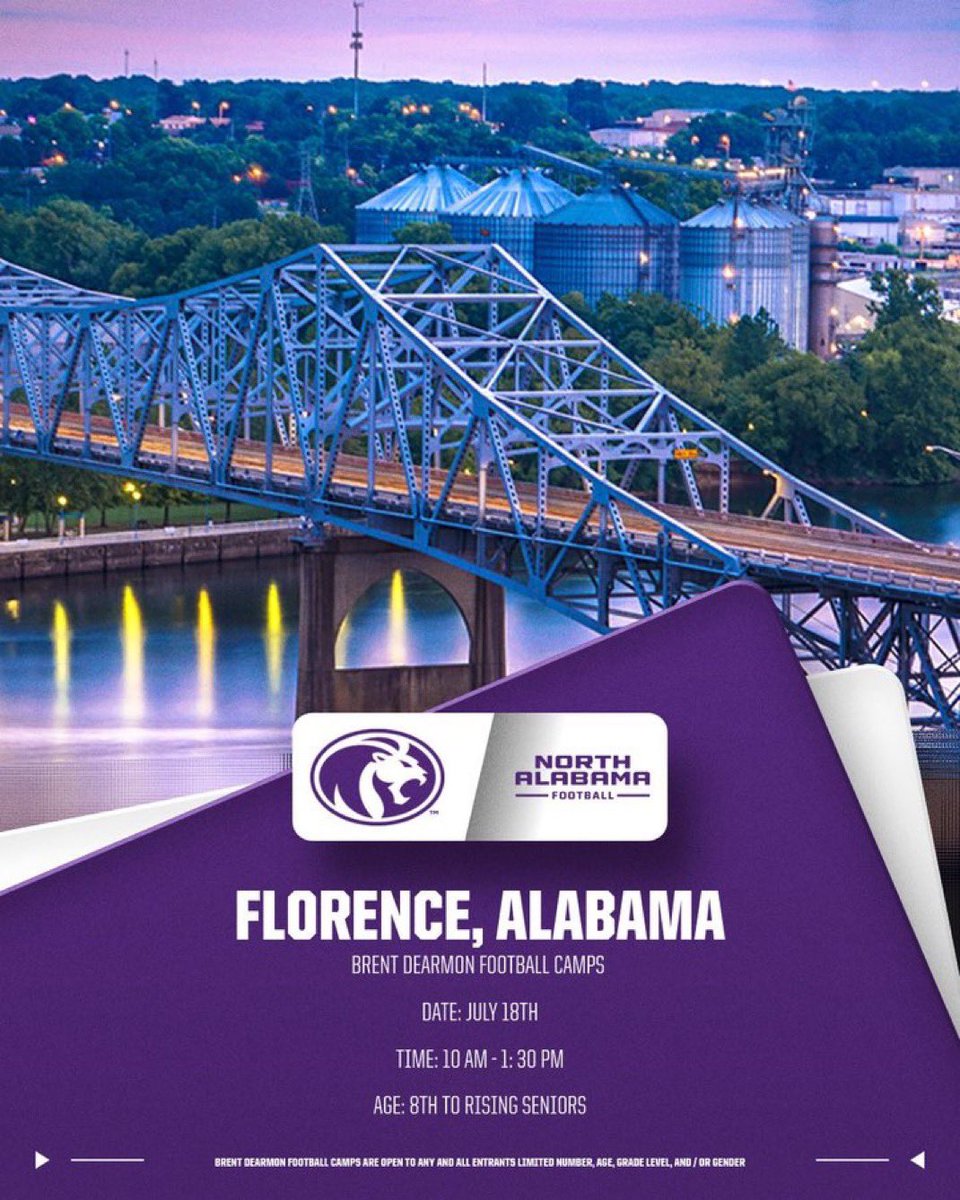 CoachBo7's tweet image. Quad Cities and surrounding counties!!! Come join us in the #256 for the last shabang of the Greatest Staff On Earth @UNAFootball Tour of the @BrentDearmon Elite Football Camps!!!! We look forward to seeing you guys
📅 July 18, 2025
🕰️ 10:00 A.M.
📍 Florence,Al
🏟️ Braly Stadium