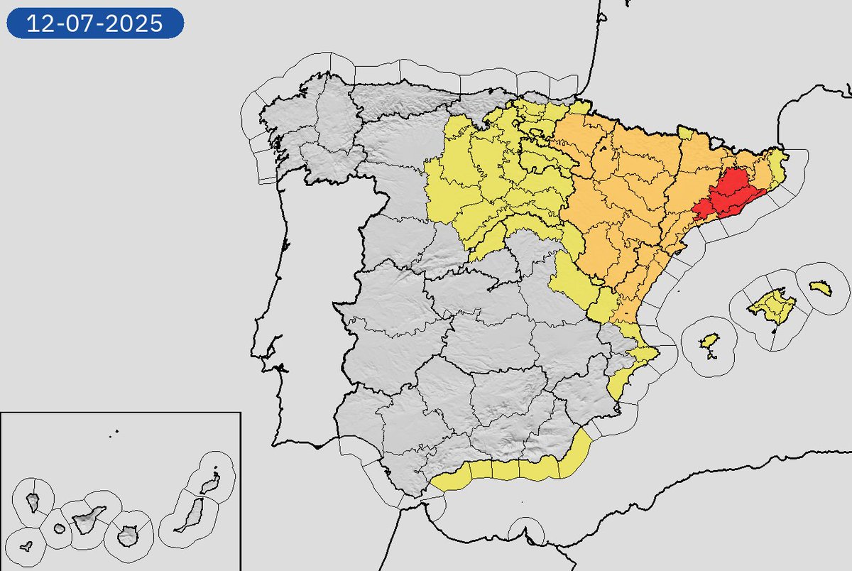 12/07 15:18 Avisos activos hoy en España por lluvias, tormentas, temperaturas máximas y costeros. Nivel máximo de aviso: rojo.
Actualizaciones en aemet.es/es/eltiempo/pr…