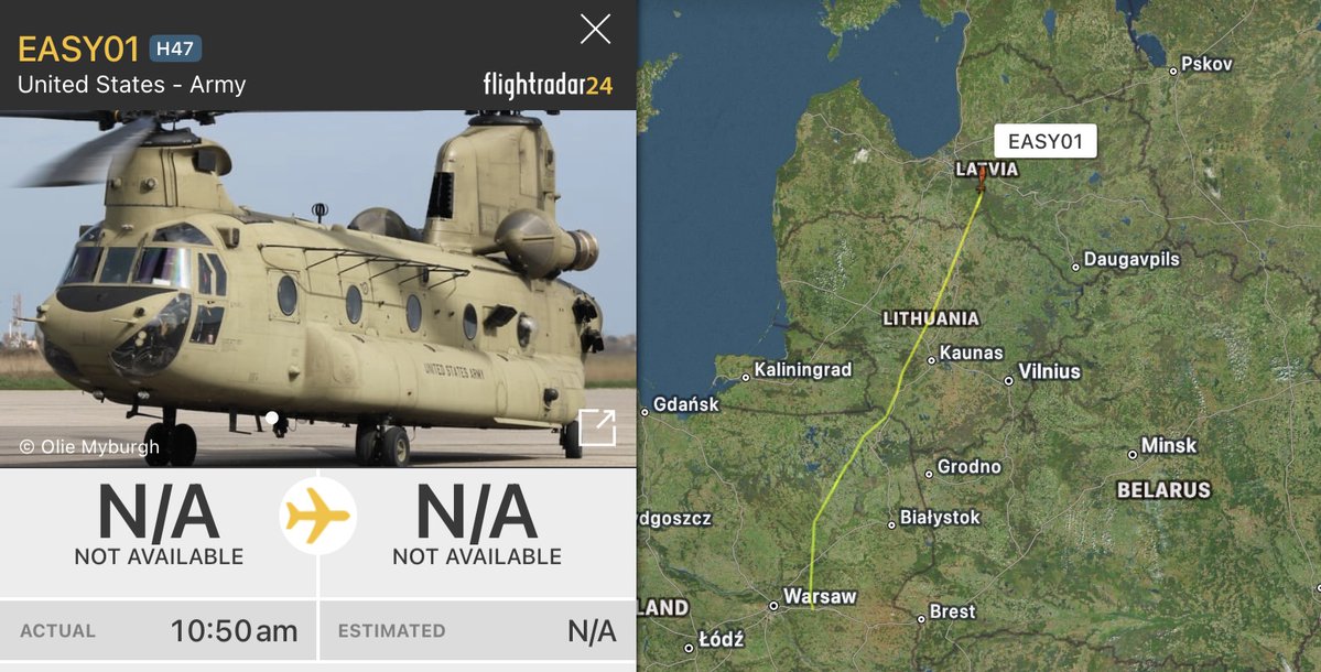 CeciliaSykala's tweet photo. US Army Boeing CH-47F Chinook
14-08170 #AE59CB
23rd Tactical Air Base near Warsaw Poland - Lielvārde Air Base Latvia, passing through Lithuania & border of Kaliningrad.
@Borrowed7Time @masonrothman @ClarkKe49569692 https://t.co/Y5oIW0t4uT
