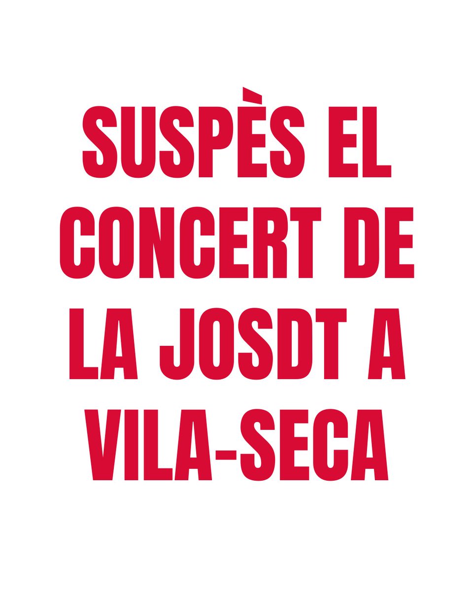 Conservatori Diputació a Tarragona (@cmtarragona) on Twitter photo Davant de l'anunci d’alerta per fortes pluges i vent intens aquesta tarda, us informem que queda suspès el concert de la Jove Orquestra Simfònica de la Diputació, previst per avui a les 19 h a Vila-seca.
<a href="/Dipta_cat/">Diputació de Tarragona</a> Davant de l'anunci d’alerta per fortes pluges i vent intens aquesta tarda, us informem que queda suspès el concert de la Jove Orquestra Simfònica de la Diputació, previst per avui a les 19 h a Vila-seca.
<a href="/Dipta_cat/">Diputació de Tarragona</a>