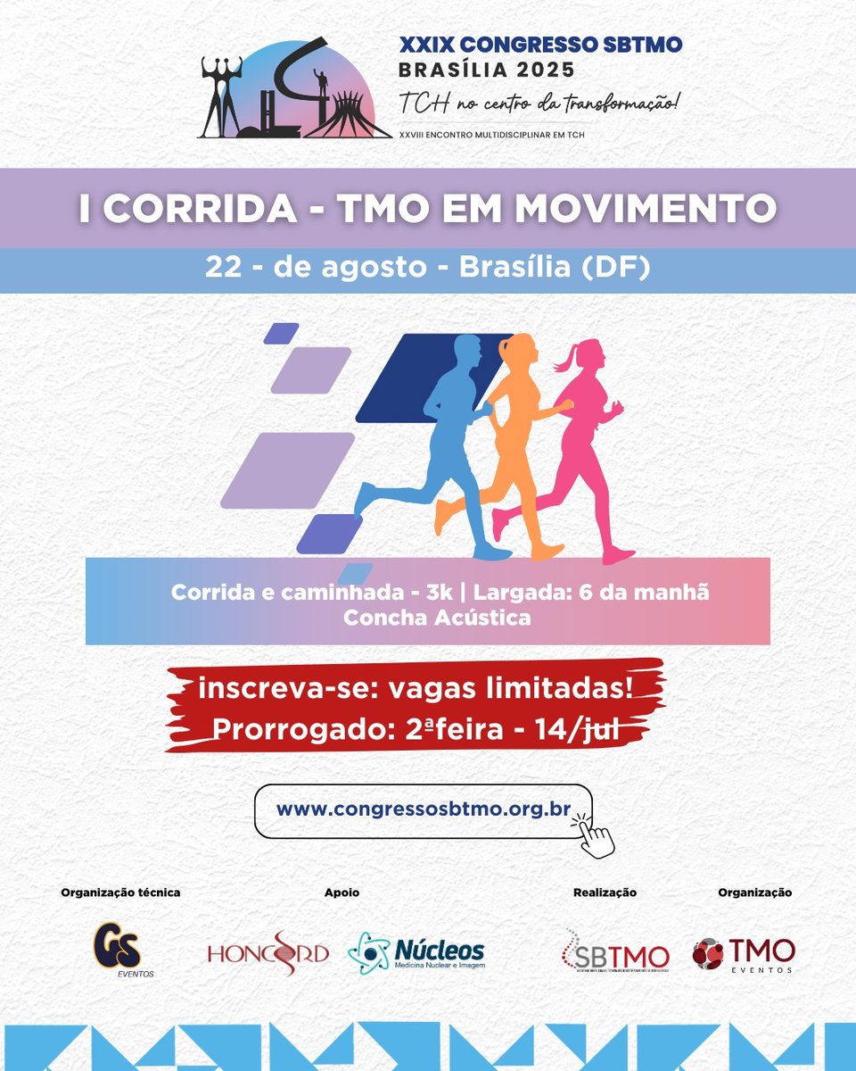 SBTMO's tweet image. 🏃♀️ Última chamada para a 1ª Corrida e Caminhada TMO em Movimento SBTMO – 3km!
🚨 Prazo prorrogado até 14 de julho!
⚠️ Vagas limitadas – garanta já a sua!
A atividade faz parte do #SBTMO2025* Inscreva-se congressosbtmo.org.br #TMOJuntos
*restrito a congressistas