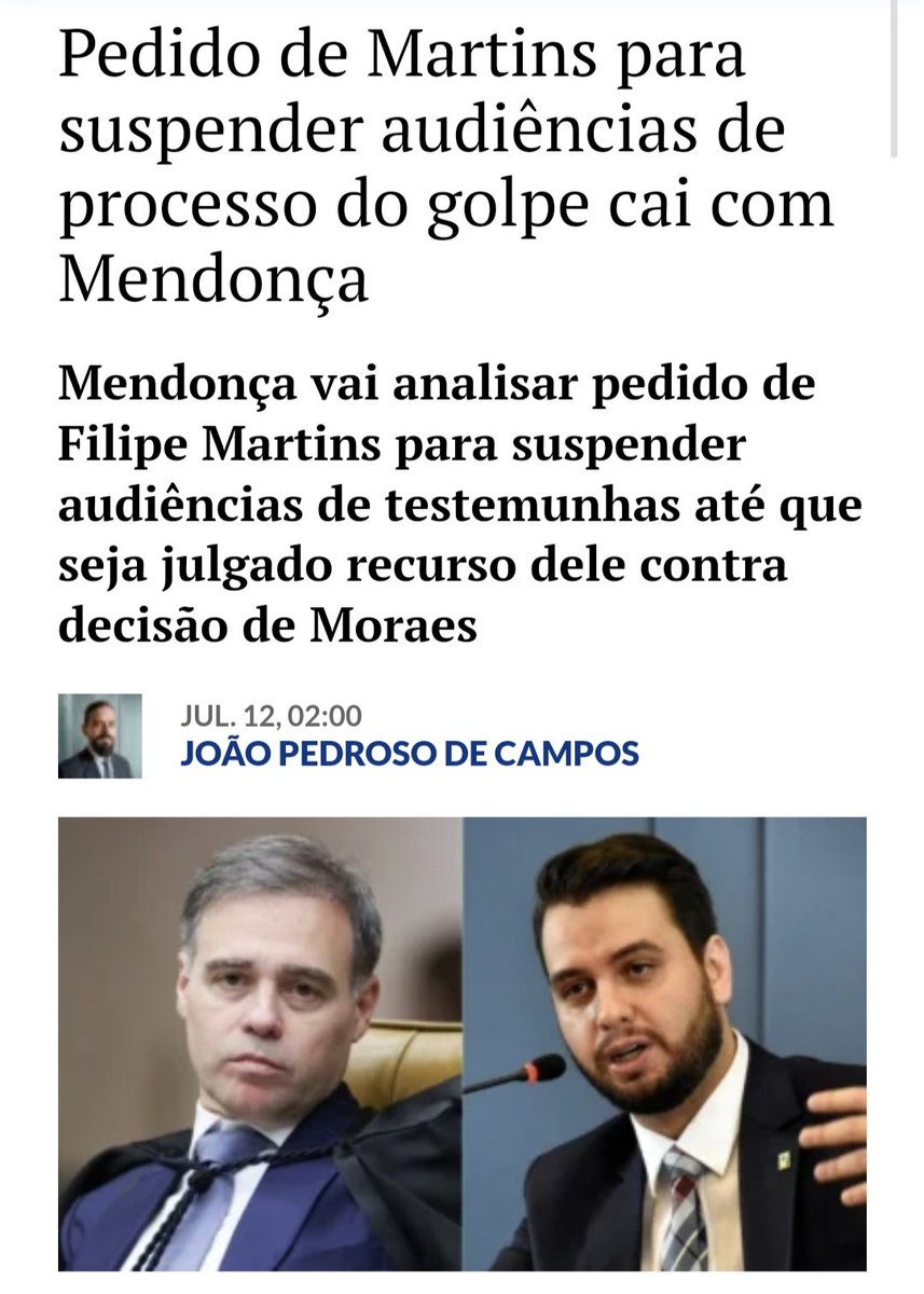 TeAtualizei 🇧🇷👊🏻❤️ (@taoquei1) on Twitter photo Importante:
O Ministro <a href="/MinAMendonca/">André Mendonça</a> tem em mãos uma decisão que pode mudar o curso da história do Brasil, suspender o processo envolvendo o Filipe Martins e, por tabela, o do Jair Bolsonaro e todos os processos do 8 de Janeiro... explico:
A defesa de Filipe protocolou um Importante:
O Ministro <a href="/MinAMendonca/">André Mendonça</a> tem em mãos uma decisão que pode mudar o curso da história do Brasil, suspender o processo envolvendo o Filipe Martins e, por tabela, o do Jair Bolsonaro e todos os processos do 8 de Janeiro... explico:
A defesa de Filipe protocolou um