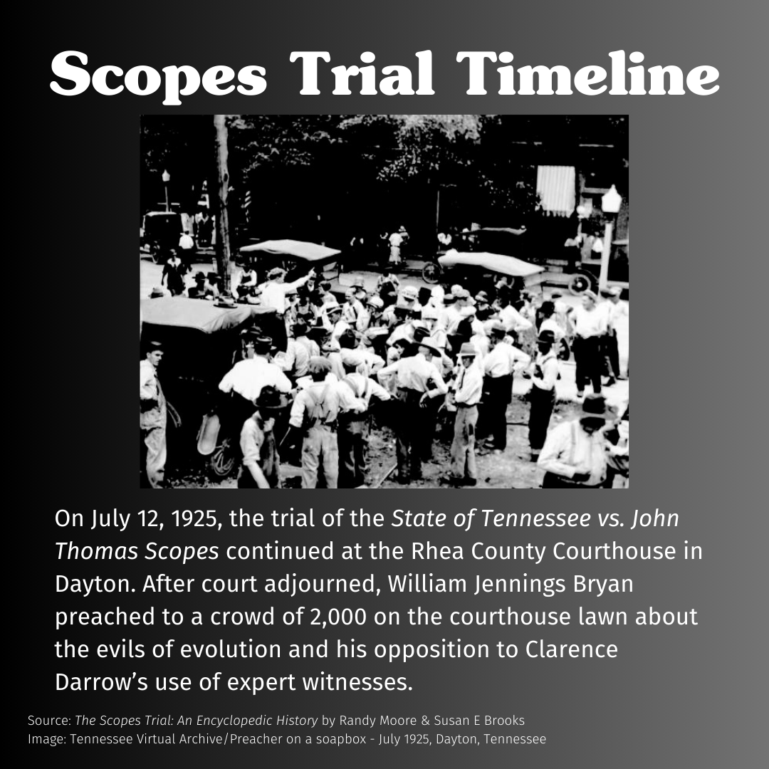Tim Hall, Ph.D. (@religionmatter5) on Twitter photo 📅 100 years ago today — July 12, 1925: After the court adjourned, William Jennings Bryan preached to 2,000 on the courthouse lawn, denouncing evolution and Darrow’s expert witnesses. ⚖️ Follow <a href="/ReligionMatter5/">Tim Hall, Ph.D.</a> for more #ScopesTrial100 timeline drops.💡 Free teacher tools: 📅 100 years ago today — July 12, 1925: After the court adjourned, William Jennings Bryan preached to 2,000 on the courthouse lawn, denouncing evolution and Darrow’s expert witnesses. ⚖️ Follow <a href="/ReligionMatter5/">Tim Hall, Ph.D.</a> for more #ScopesTrial100 timeline drops.💡 Free teacher tools: