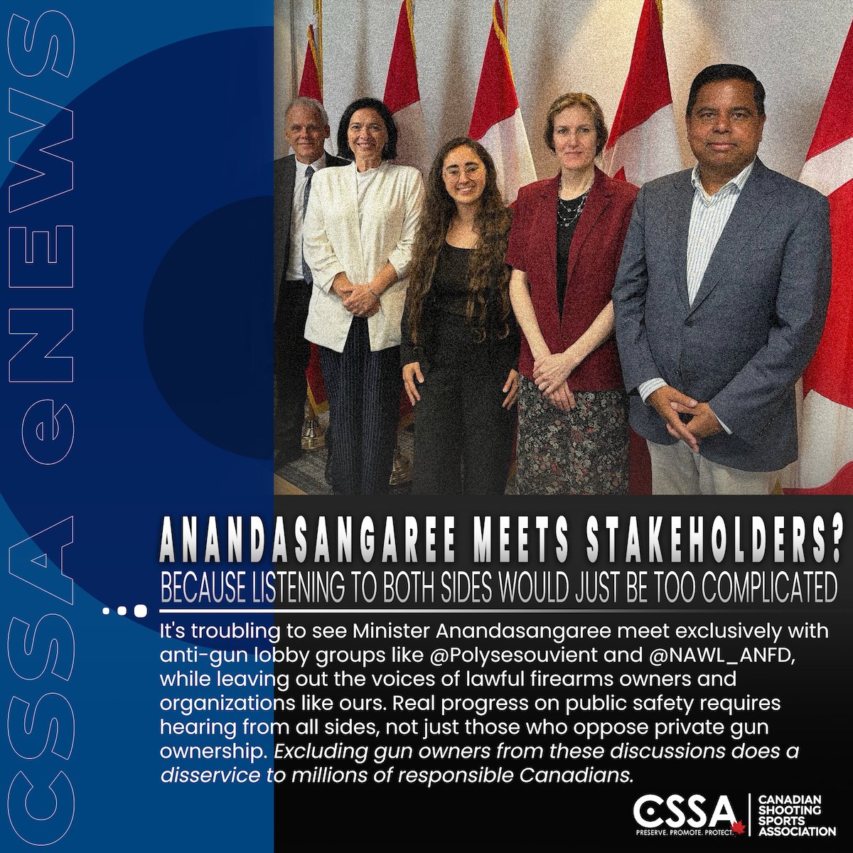 CSSA_CILA's tweet image. Disappointed to see Minister Anandasangaree only meeting with anti-gun lobby groups, while leaving law-abiding firearms owners and the Canadian Shooting Sports Association out of the conversation. Real public safety solutions demand input from everyone—excluding our voices isn’t…