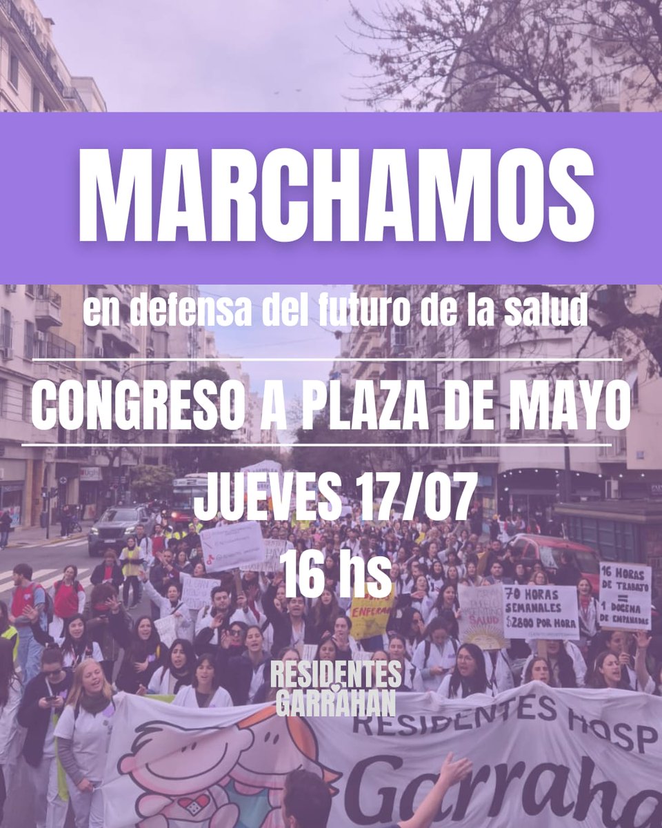 📢 Jueves 17/7 | 𝐌𝐚𝐫𝐜𝐡𝐚𝐦𝐨𝐬 𝐩𝐨𝐫 𝐥𝐚 𝐬𝐚𝐥𝐮𝐝 𝐩𝐮́𝐛𝐥𝐢𝐜𝐚

Este próximo Jueves 17 de julio, desde las 16hs los 𝐦𝐞́𝐝𝐢𝐜𝐨𝐬 𝐫𝐞𝐬𝐢𝐝𝐞𝐧𝐭𝐞𝐬 𝐝𝐞𝐥 𝐇𝐨𝐬𝐩𝐢𝐭𝐚𝐥 𝐆𝐚𝐫𝐫𝐚𝐡𝐚𝐧 nos movilizaremos desde Congreso hasta Plaza de Mayo en defensa de la
