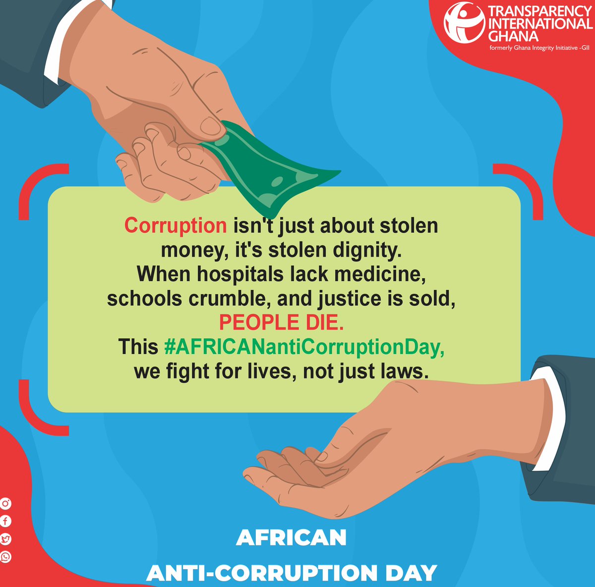 Ghana Integrity Initiative (TIGhana) (@ghanaintegrity) on Twitter photo Corruption isn’t just about money.
It’s stolen dignity.
This #AfricaAntiCorruptionDay, we fight for lives
đź’Š Health
📚 Education
⚖️ Justice
<a href="/tighana_/">TIGhana</a> <a href="/CDDGha/">CDD-Ghana</a> <a href="/GACC_GHANA/">#GetInvolvedGH</a> <a href="/CDDWestAfrica/">CDD West Africa</a> <a href="/anticorruption/">Transparency International</a> Corruption isn’t just about money.
It’s stolen dignity.
This #AfricaAntiCorruptionDay, we fight for lives
đź’Š Health
📚 Education
⚖️ Justice
<a href="/tighana_/">TIGhana</a> <a href="/CDDGha/">CDD-Ghana</a> <a href="/GACC_GHANA/">#GetInvolvedGH</a> <a href="/CDDWestAfrica/">CDD West Africa</a> <a href="/anticorruption/">Transparency International</a>