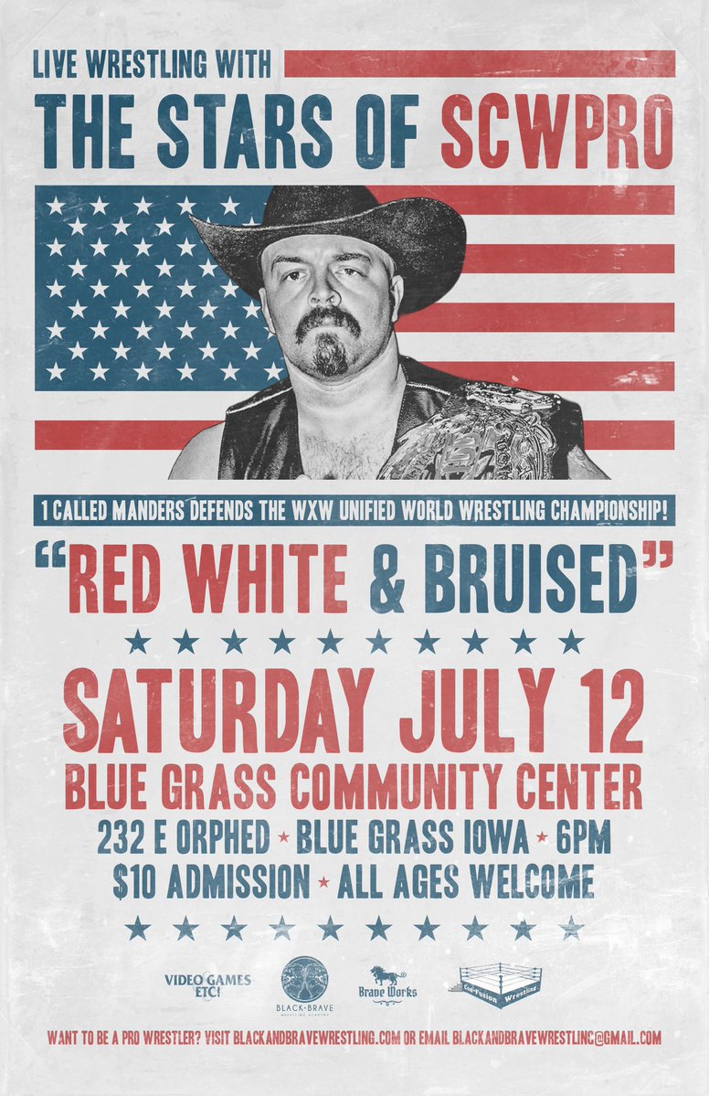 In response to recent inquiries, our event at the Blue Grass Community Center in Blue Grass, IA tonight is still on!

Come on out &amp; enjoy some hard-hitting, high-flying action with the guys &amp; gals of SCWPro!

🔹 6pm start
🔹 Tickets just $10

Let's have some fun! 🍻