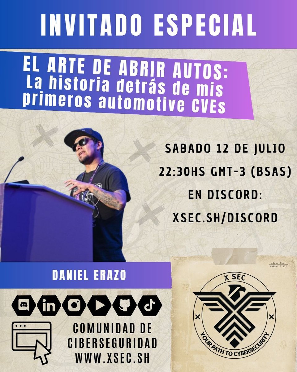 comunidadxsec's tweet image. 📌 12/07 | Sábado a las 22:30 hs 🇦🇷 llega a nuestro Discord Danilo Erazo, CEO en @revers3everything

#automotivehacking #ciberseguridad #CVEs #xsec #charlaxsec #latamhacking #infosec #hackingdeautos #defcon #ekoparty #seguridadinformatica #cybersecurity #hackingetico #DrPlaga
