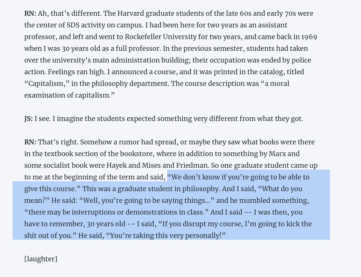 Robert Nozick, dealing with grad students who weren't pleased with his course on capitalism.