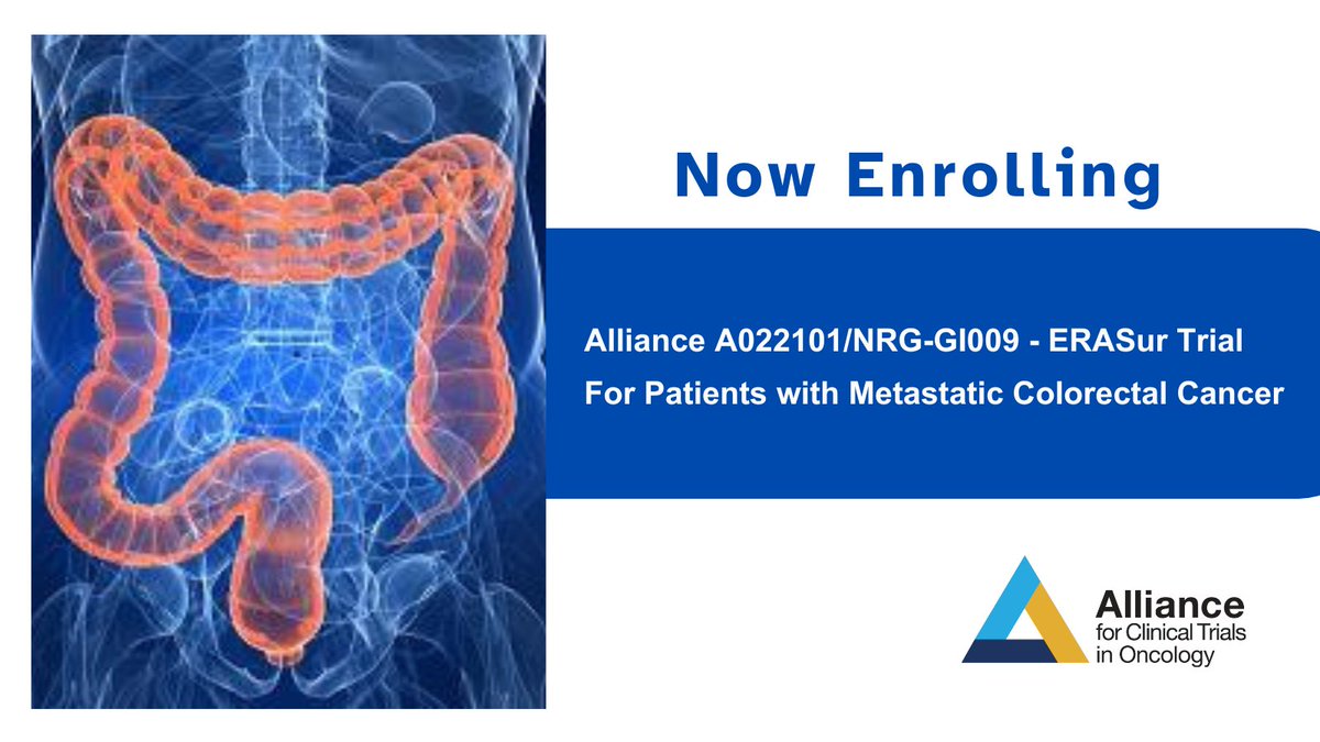 Alliance for Clinical Trials in Oncology (@alliance_org) on Twitter photo The #ERASur trial is enrolling patients w/#colorectalcancer that has spread beyond the liver. Patients who responded well to initial chemo & have up to 4 treatable cancer sites be eligible to participate. Learn more: bit.ly/Alliance-A0221… <a href="/FightCRC/">Fight Colorectal Cancer</a> <a href="/CCAlliance/">Colorectal Cancer Alliance</a> @COLONTOWN The #ERASur trial is enrolling patients w/#colorectalcancer that has spread beyond the liver. Patients who responded well to initial chemo & have up to 4 treatable cancer sites be eligible to participate. Learn more: bit.ly/Alliance-A0221… <a href="/FightCRC/">Fight Colorectal Cancer</a> <a href="/CCAlliance/">Colorectal Cancer Alliance</a> @COLONTOWN