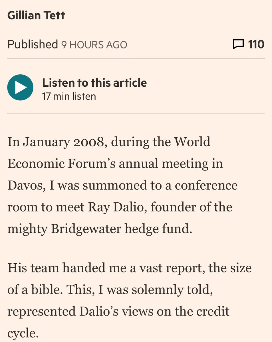sindap's tweet image. Gillian Tett, Ray Dalio, Davos, 2008 credit conditions report… this is the most FT lede in history: