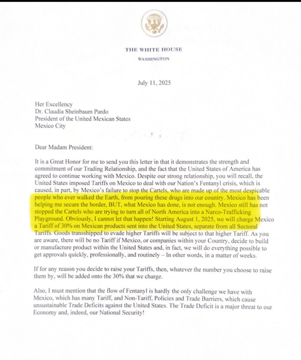 Urgente - Acá la carta con la que la administración Trump informa sobre la imposición de aranceles del 30% a México. Asegura que es una medida producto de la incapacidad de ese país de enfrentar a los carteles de drogas. Cada vez es más evidente que se viene algo similar para