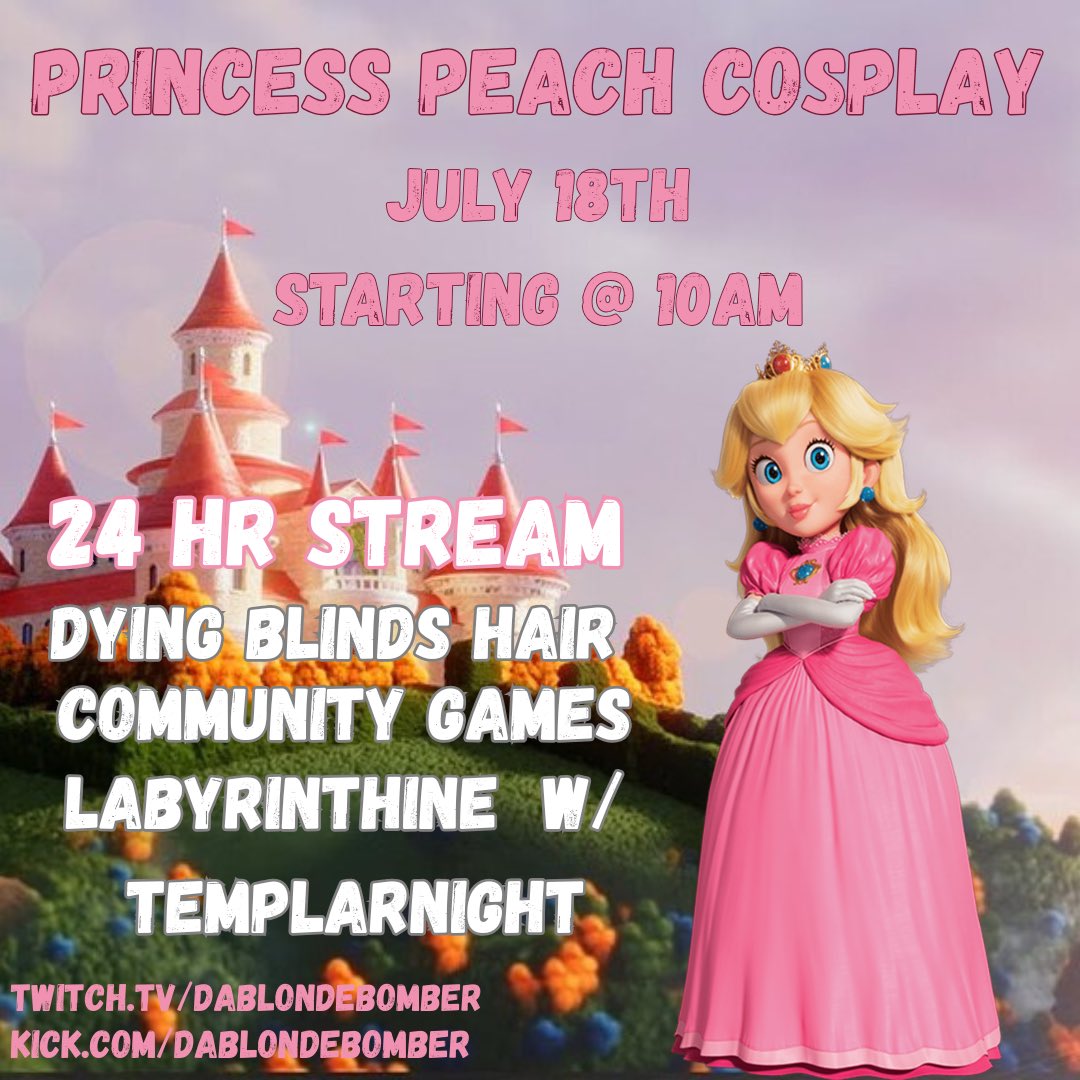 π DaBlondeBomber π (@dablondebomber4) on Twitter photo Happy Saturday!!!
Coming Friday July 18th @ 10am EDT, Princess Peach Blonde will be making her debut! πΈπΌ
Come join us for finally dying <a href="/BlindDesecrator/">BlindDesecrator</a> hair teal, Labyrinthine with TemplarNight, community games & chaos. π Happy Saturday!!!
Coming Friday July 18th @ 10am EDT, Princess Peach Blonde will be making her debut! πΈπΌ
Come join us for finally dying <a href="/BlindDesecrator/">BlindDesecrator</a> hair teal, Labyrinthine with TemplarNight, community games & chaos. π