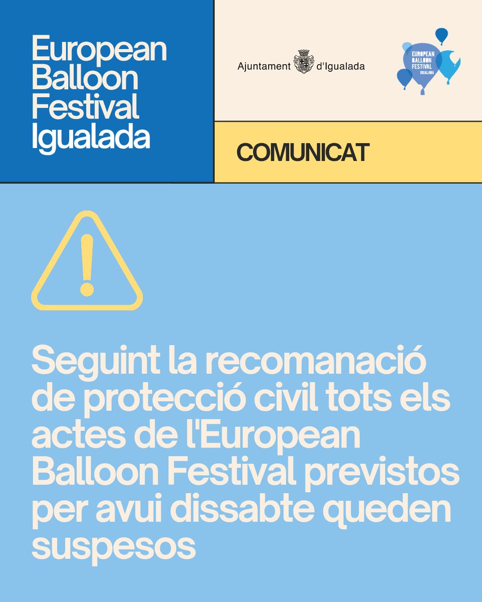 ⚠️ Seguint la recomanació de protecció civil tots els actes de l'European Balloon Festival previstos per avui dissabte queden suspesos

#ebfIGD #veigglobus #igualada