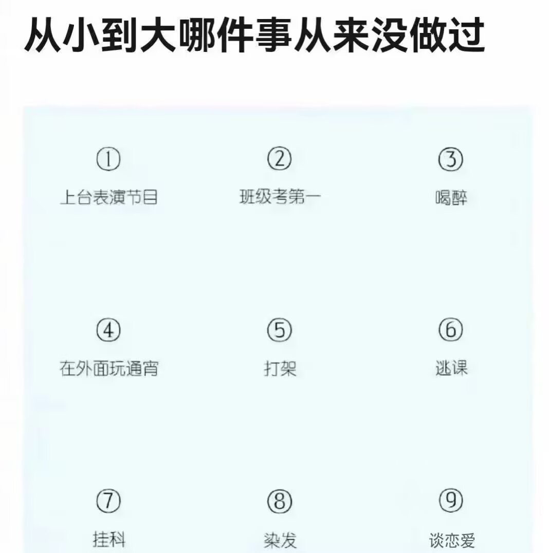 没做过的有2,3,7,8而已诶
毕业典礼的时候上过台跳舞，
班级最高第八，
有一次吃海底捞吃到半夜一点多，
跟同学打架过，
逃课还真逃过