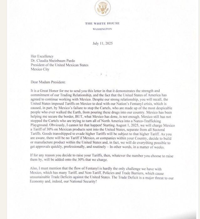 Cecilia Soto 🇺🇦 (@ceciliasotog) on Twitter photo Ya le llegó la cartita de #Trump a la Presidenta <a href="/Claudiashein/">Claudia Sheinbaum Pardo</a>. Se las resumo: Que el gobierno mexicano no ha hecho lo suficiente en materia de combate al fentanilo y que el superávit comercial a favor de 🇲🇽 es una amenaza a su seguridad nacional. Y que por tanto, impondrá a Ya le llegó la cartita de #Trump a la Presidenta <a href="/Claudiashein/">Claudia Sheinbaum Pardo</a>. Se las resumo: Que el gobierno mexicano no ha hecho lo suficiente en materia de combate al fentanilo y que el superávit comercial a favor de 🇲🇽 es una amenaza a su seguridad nacional. Y que por tanto, impondrá a