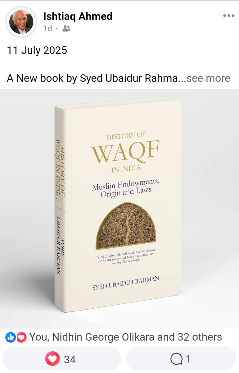 My just released book History of #Waqf in India is being praised by common readers and experts alike.

Renowned scholar and author Prof Ishtiaq Ahmed recommended the book on his FB page.

Price Rs 895, 382 pages, (HB). To order the book pls contact 9819327757 (WhatsApp)
#History