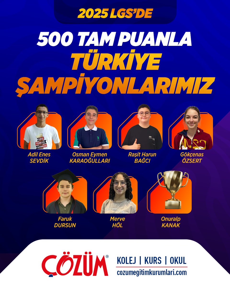 GURURUN ADI: ÇÖZÜM!
2025 LGS’de 7 öğrencimiz 500 tam puanla Türkiye birincisi oldu!
Başarıda tesadüfe yer yok, zirvede yine Çözüm var!

Tüm öğrencilerimizi ve emeği geçen öğretmenlerimizi yürekten tebrik ederiz.