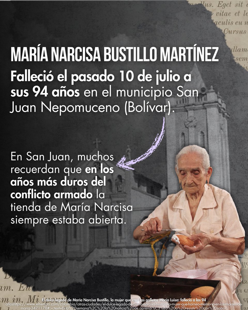 📍 En el barrio San José de San Juan Nepomuceno, Bolívar, frente al antiguo cementerio del pueblo, vivió María Narcisa Bustillo, una mujer que, sin proponérselo, creó uno de los sabores más representativos de los Montes de María: las galletas ‘María Luisa’. Esta semana, su