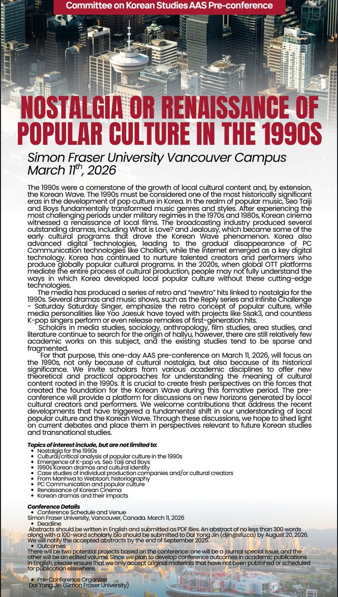 TheKpopProf's tweet image. CFP for the Committee on Korean Studies AAS pre-conference workshop. Please email your abstract to Dr. Jin if you&apos;re interested in the topic. No requirement to also attend AAS, but since they&apos;re back to back... it makes sense to apply for both. AAS apps are due in 2 weeks.