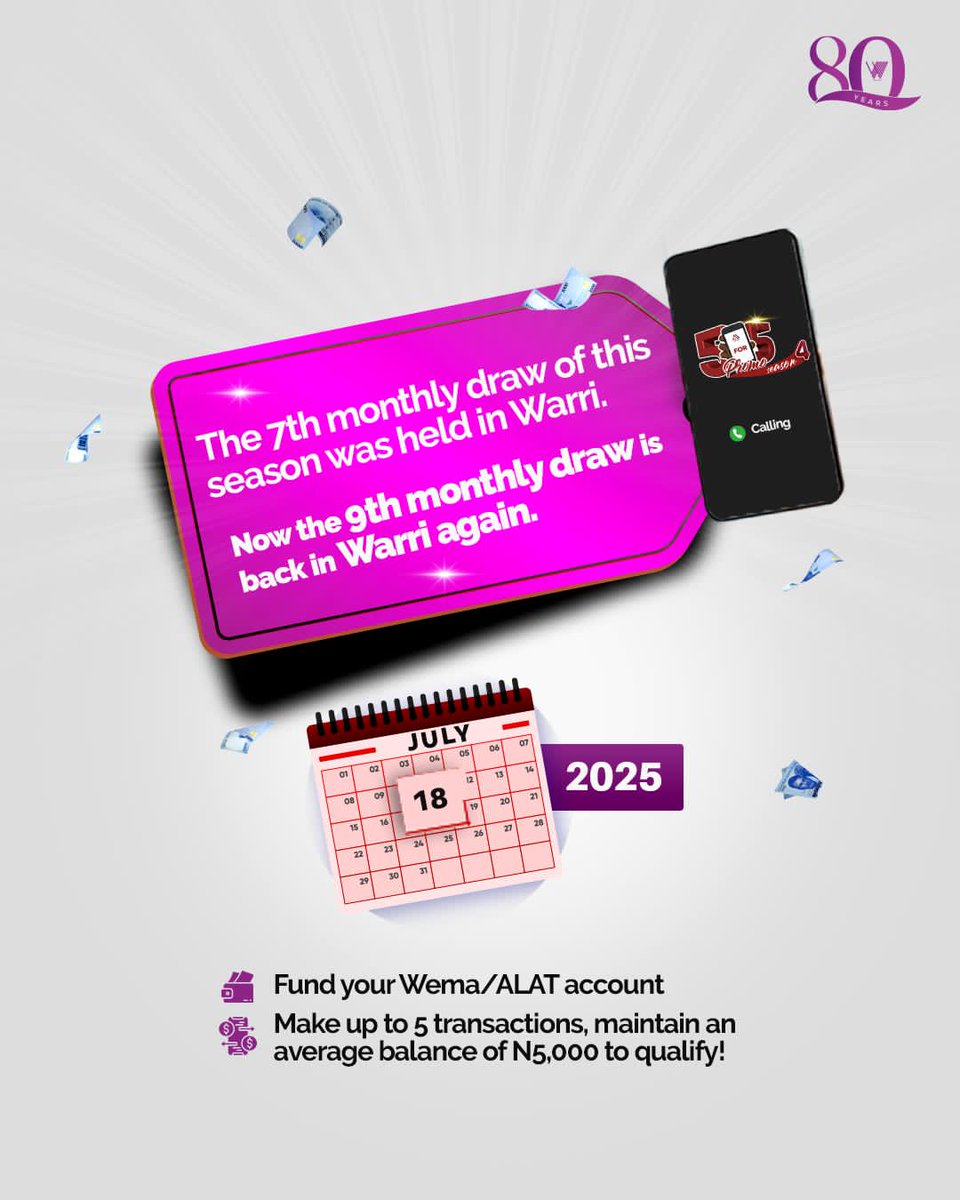 Guess who’s calling Warri again? 

The 9th draw of #Wema5for5Promo4 is coming back to the city of winners, Warri, on July 18th!

To qualify:
 Fund your Wema/ALAT account
Do 5+ transactions
 Keep a ₦5k+ average balance

It’s your turn to shine!

#WemaBankAt80
