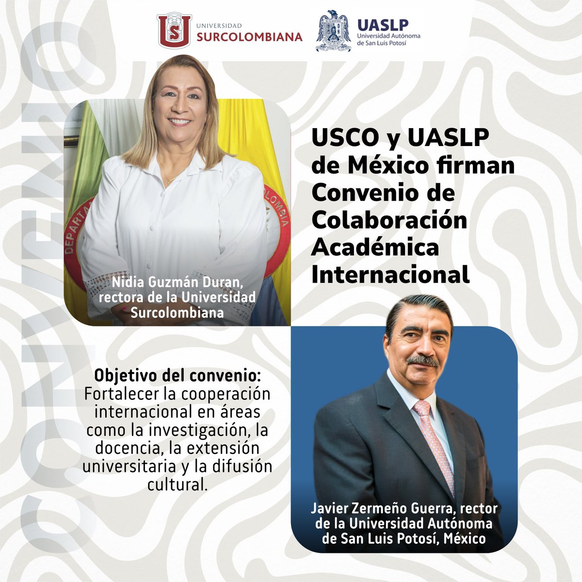 Gracias a las gestiones profesionales de la rectora Nidia Guzmán Durán, la Universidad Surcolombiana y la Universidad Autónoma de San Luis Potosí (UASLP) de México firmaron un convenio de colaboración académica internacional.
#InternacionalizaciónUSCO #ConvenioInternacional #USCO