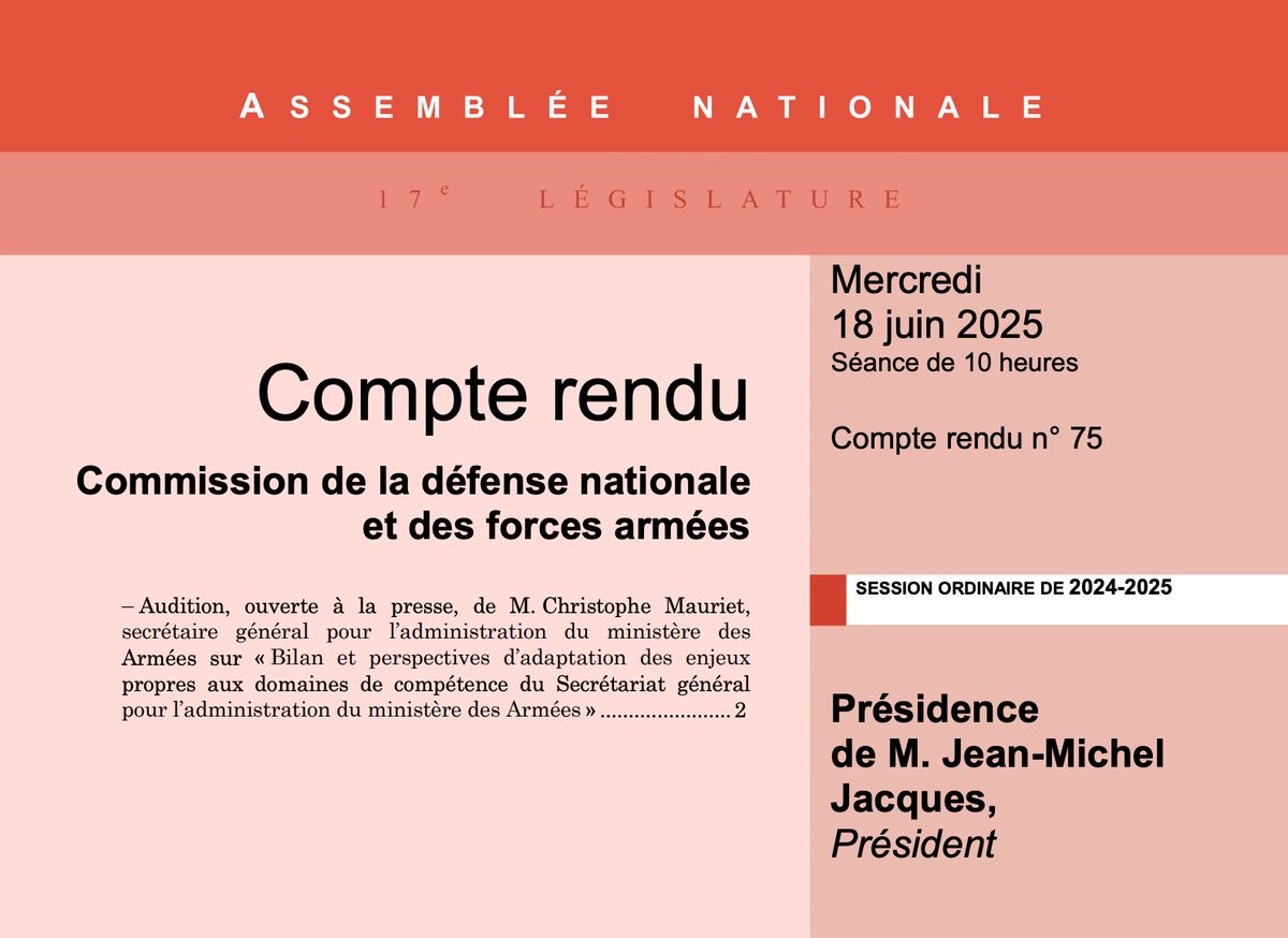 AN_Defense's tweet image. 📙 Le compte-rendu de l'audition de Christophe Mauriet, secrétaire général pour l'administration du @Armees_Gouv, sur le bilan et les perspectives d’adaptation des enjeux propres aux domaines de compétence du @SGArmees est en ligne 👉 assnat.fr/sd05PM.
#Défense #DirectAN