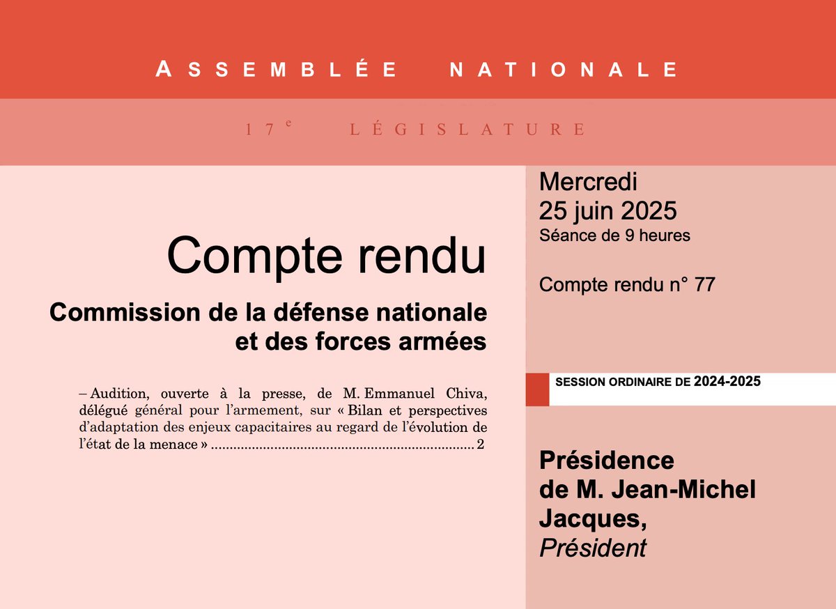 AN_Defense's tweet image. 📙 Le compte-rendu de l'audition de @echiva, @DG_Armement, sur le bilan et les perspectives d’adaptation des enjeux capacitaires au regard de l’évolution de l’état de la menace est en ligne 👉 assnat.fr/XqwcSG.
#Défense #DirectAN