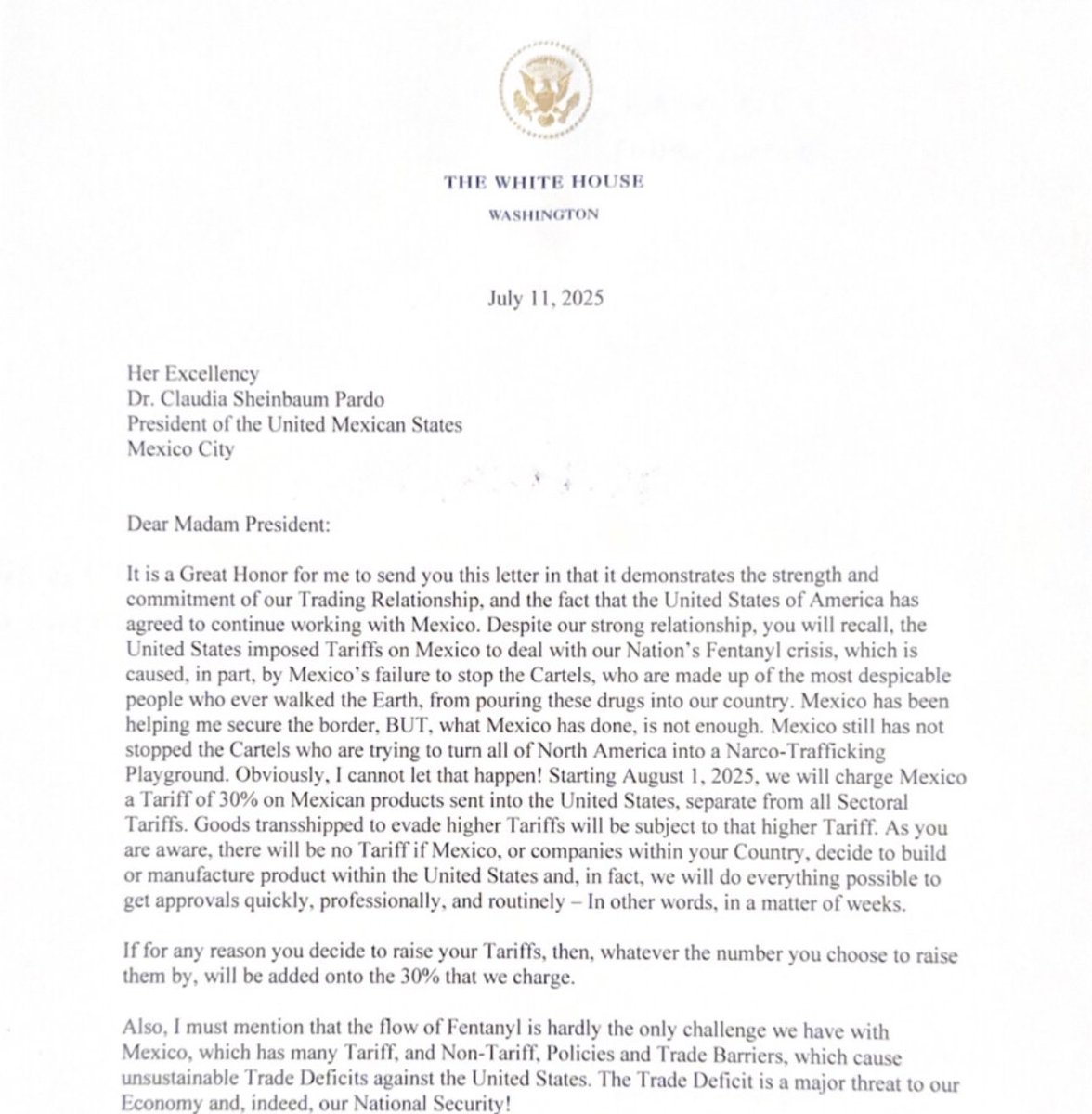 AlexandruC4's tweet image. BREAKING: Trump announces that the U.S. will place a 30% tariff on all goods exported to the U.S. from the EU and Mexico starting August 1st
