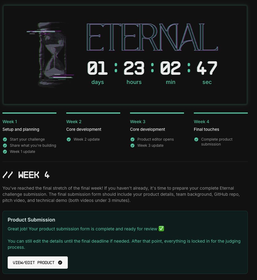 Axis__Solana's tweet image. Technical Video : loom.com/share/82e3c83d…
Main Pitch Video: loom.com/share/77c6f1bd…
Eternal hackathon final submission complete! This is where the judging phase begins!
I applied for the hackathon not knowing what to expect at first, but I started the four-week sprint by myself…