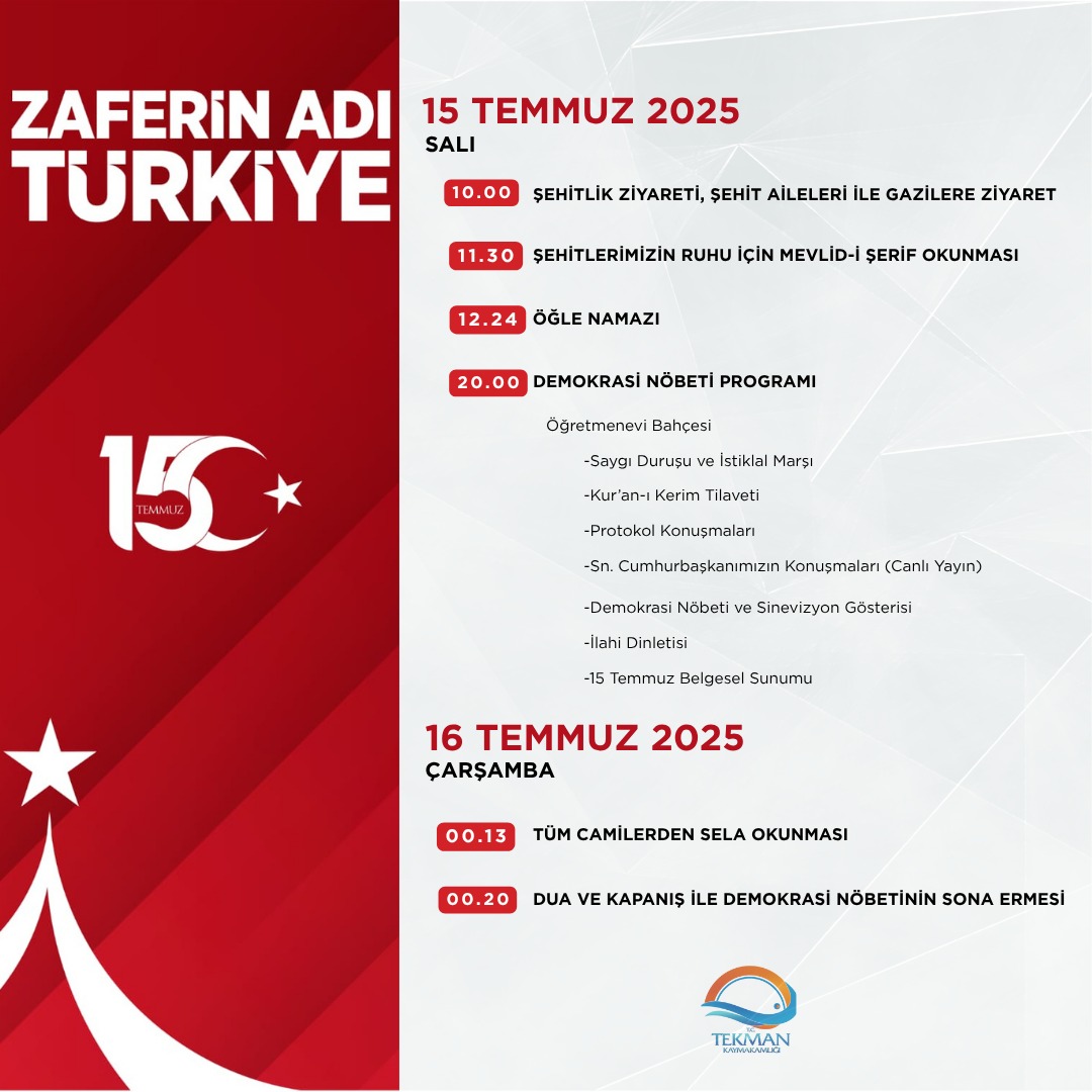 🇹🇷#ZaferinAdıTürkiye🇹🇷 

Kıymetli Hemşehrilerimiz;

#15Temmuz Demokrasi ve Milli Birlik Günü programlarımıza tüm halkımız davetlidir.