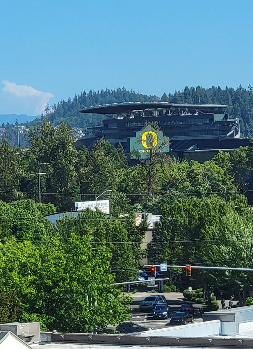 Kyle gave us a tour of Oregon Football Facilities. They are expanding with large construction project. <a href="/PauleyPawket4/">Shannon Pauley</a> and I took our traditional selfie on the logo! Picture of the stadium from our hotel window.#SKODucks