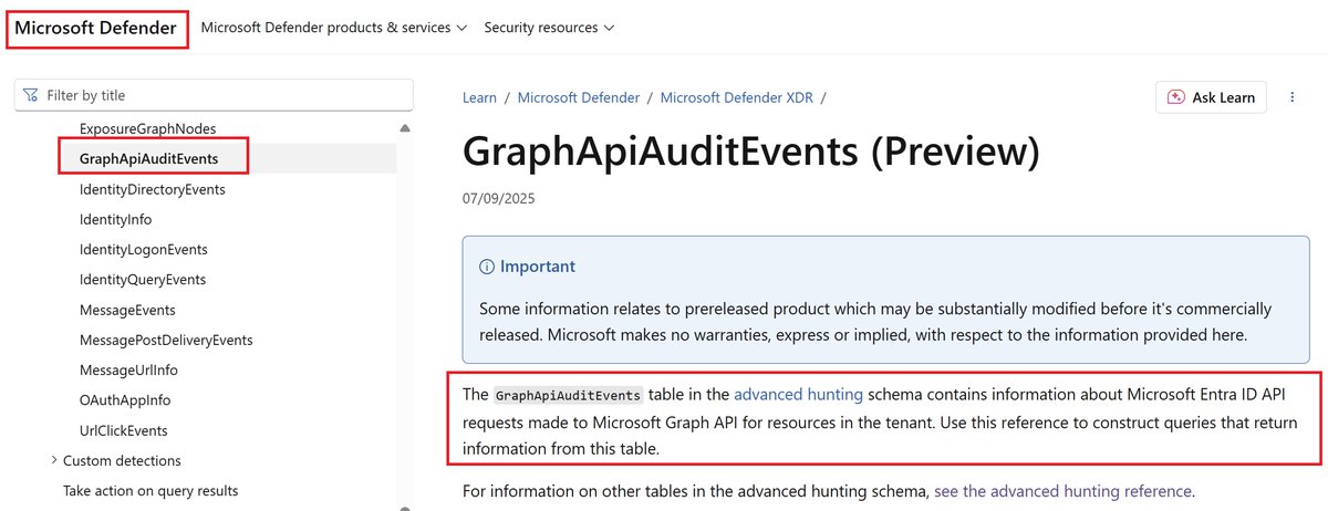 🚨 New table alert for hashtag#AdvancedHunting in hashtag#DefenderXDR: GraphApiAuditEvents (Preview)

Track Microsoft Entra ID API calls to Graph API—see who accessed what, when, and how. Perfect for auditing Graph API usage &amp; spotting anomalies.🫡 

learn.microsoft.com/en-us/defender…